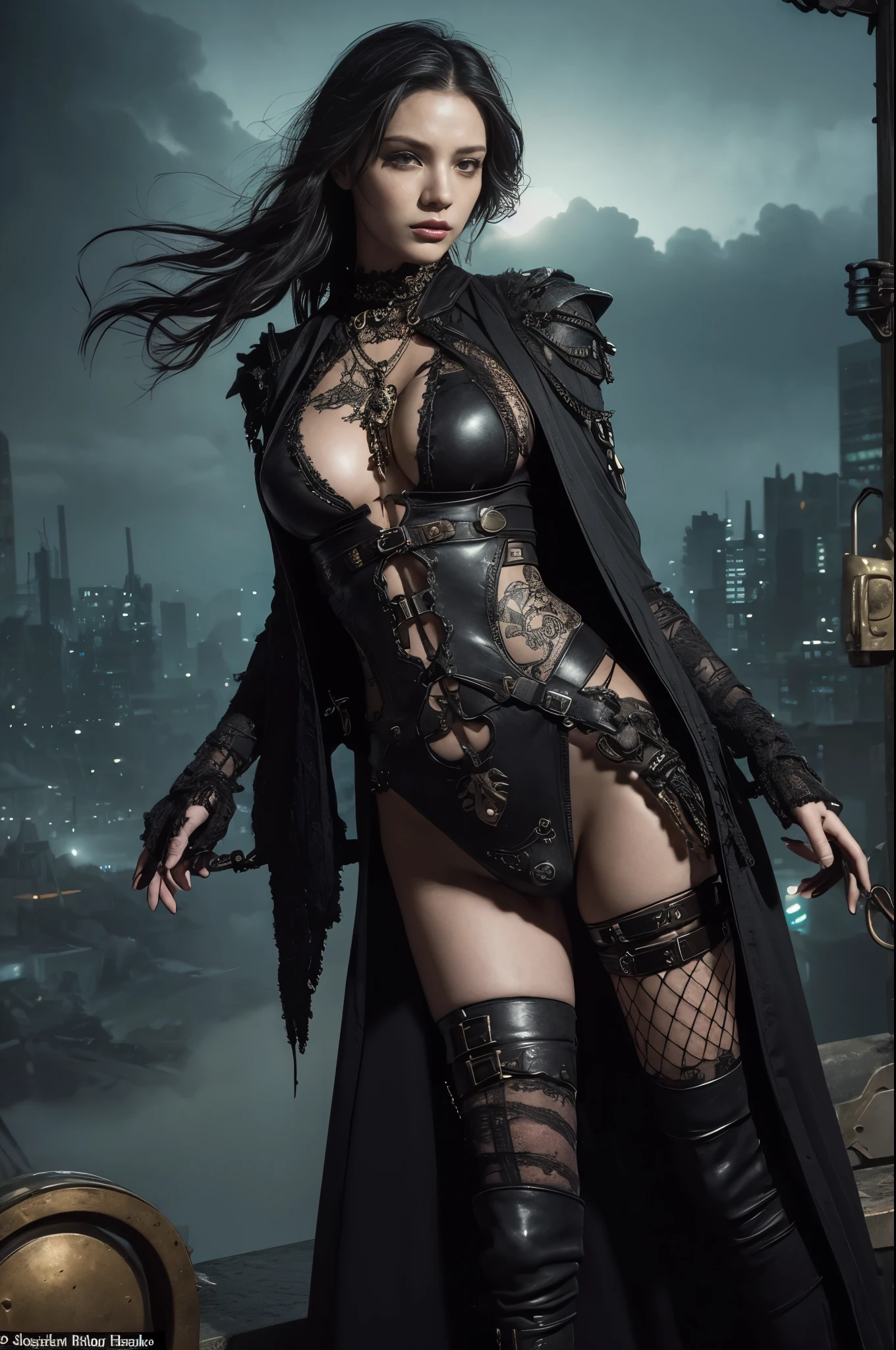 A striking portrait of a Tarotpunk woman, adorned with intricate steampunk-inspired tattoos and a mysterious aura. She wears a dark outfit with a flowing cape, and her eyes are hidden behind a pair of goggles. The background is a blend of dark, stormy skies and industrial cityscape, with a hint of a Tarot card design. The overall ambiance is a mix of dark fantasy and steampunk elements, creating an enigmatic atmosphere.