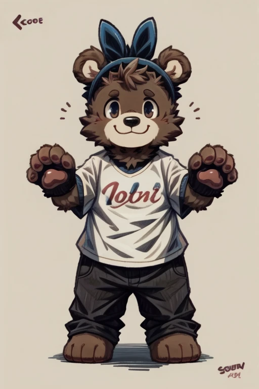 score_9, score_8_up, score_7_up, with Short sleeves , fake animal ears, animal ears, bear ears, paw gloves, bear paws, paw pose, smile, standing, simple background