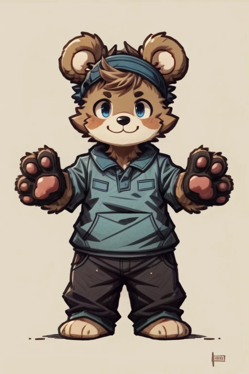 score_9, score_8_up, score_7_up, with Short sleeves , fake animal ears, animal ears, bear ears, paw gloves, bear paws, paw pose, smile, standing, simple background