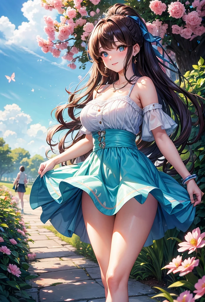 (brown eyes:1.5), pink hair, long hair, breasts, green eyes, hair bun,r, (one side up:1.2),
BREAK bare shoulders, collarbone, blue shirt, bare shoulders , puffy short sleeves, puffy sleeves, red bow, shirt, short sleeves, skirt, white skirt, masterpiece:1.2)、top-quality、hight resolution、unity 8k wall paper、(illustratio:0.8)、(beatiful detailed eyes:1.6)、extra detailed face、Perfect litthing、Highly detailed CG、 (perfect hand、perfect anatomia)、Look at viewers、red blush、A smile、Stand on the escalator, (By up escalator), (lower body shot), Thigh Focus, (Taken from the bottom 1.3), (View from behind1.3)、 (Panties with a variety of floral patterns:1.3)、(Skirt that rolls up:1.3)、(Fully exposed panties:1.5),(Show your ass:1.3)