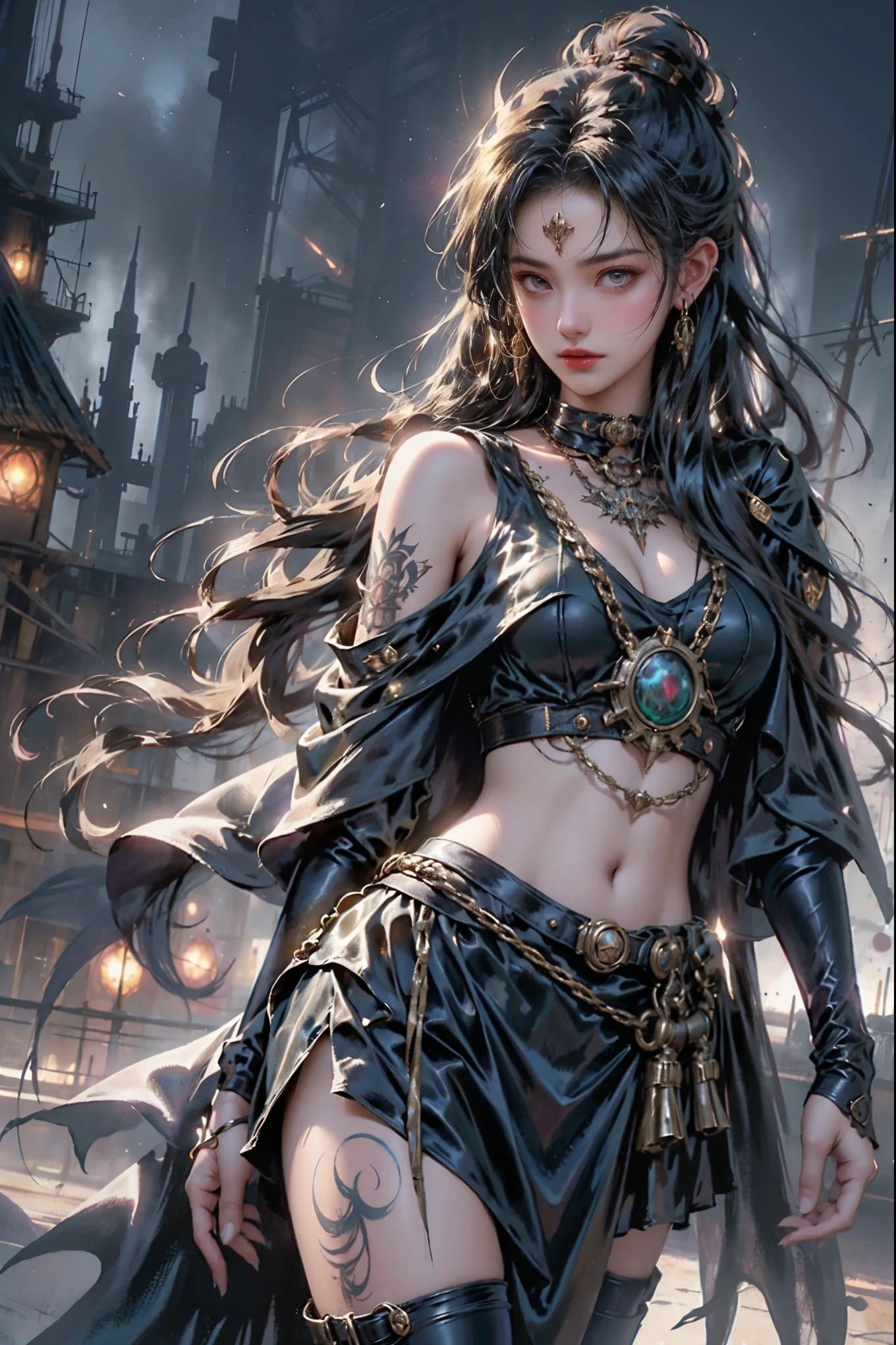 A striking portrait of a Tarotpunk woman, adorned with intricate steampunk-inspired tattoos and a mysterious aura. She wears a dark outfit with a flowing cape, and her eyes are hidden behind a pair of goggles. The background is a blend of dark, stormy skies and industrial cityscape, with a hint of a Tarot card design. The overall ambiance is a mix of dark fantasy and steampunk elements, creating an enigmatic atmosphere.