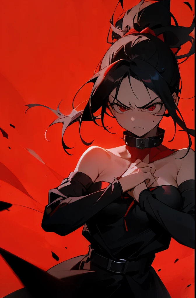 A beautiful woman with long, spiky black hair tied in a red ribbon, wearing a black hoodie with a red collar, facing away from the camera, with bare shoulders, and an angry expression on her face. She has striking red eyes, and is standing against a pristine white background with sunlight casting dramatic shadows. Her skin glows under the sunlight, emphasizing her fierce demeanor. The focus is on her, with one hand gripping her chest as if containing her rage. The details of the hoodie, from the fabric texture to the red collar, are finely rendered. High quality, masterpiece. One girl. Hyper-realistic, intricate details, vibrant colors, cinematic lighting.