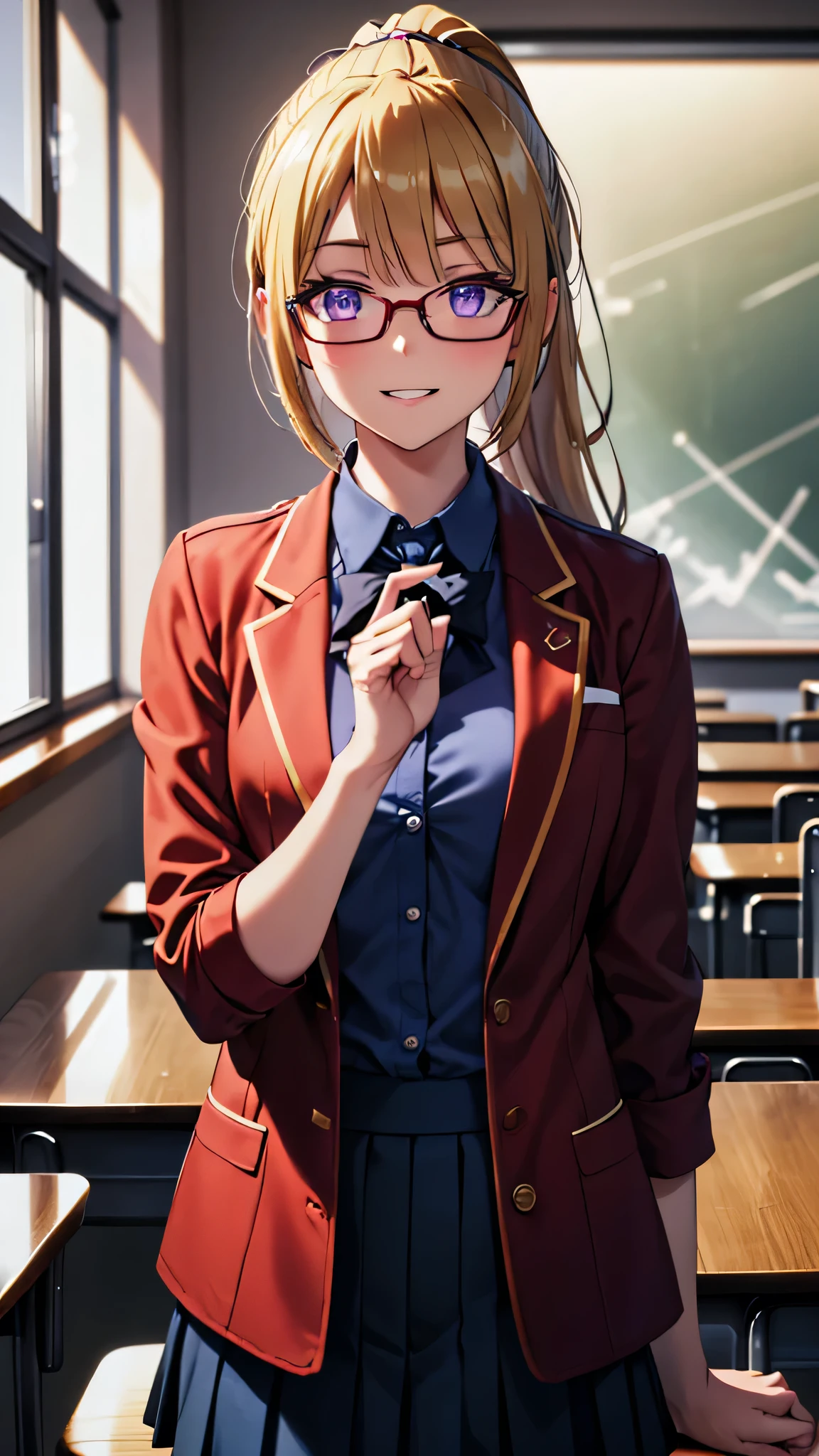 (masterpiece, best quality, absurdres), high quality, highres, ultra detailed, intricate, cinematic lighting, wallpaper, soft lighting, night, close-up, looking at viewer, beautiful woman, 1girl, parted lips, kei Karuizawa, small breasts, blonde hair, bangs, long ponytail hairstyles, detailed violet eyes, ((Super Realistic Detailed Eyes, glowing eyes)), ovall glasses, finger adjusts glasses, smiles, smirk, perfect fingers, in classroom, school class, school outfits, red coat, blue shirt, tape, blue skirt