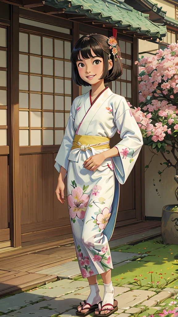 best quality,masterpiece,1girl,solo,(((9years old))),japanese girl,an extremely cute and beautiful girl,highly detailed beautiful face and eyes,petit,cute face,lovely face,baby face,shy smile,show teeth,black hair,medium short hair,flat chest,skinny,slender,(((wearing a white floral short mini hanfu))),(((standing in a Chinese castle))),she is looking at the viewer,
