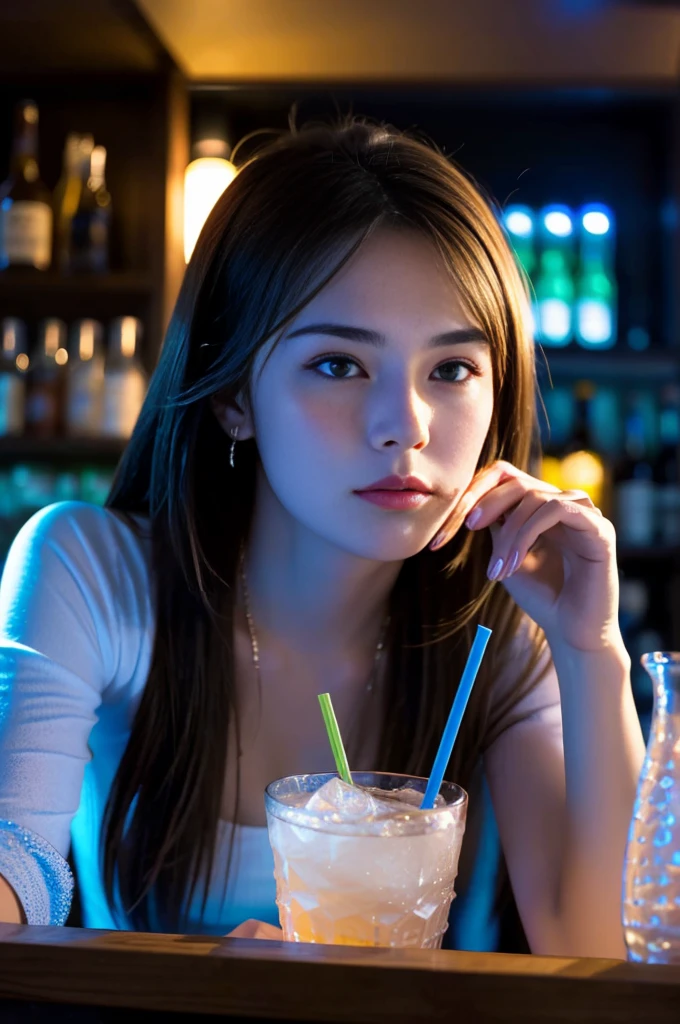 22year old beautiful girl、beautiful girl、realistic、1 beverage cart, Woman At The Bar, night, LED Light, Blue LED, night, , Drinks 5 euros, Bartender making drinks  