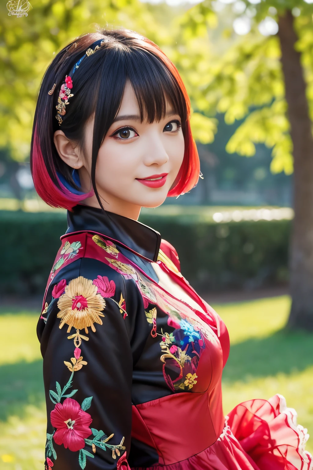 (masterpiece:1.4), (best quality:1.4), ultra high res, ultra high resolution, ((detailed facial features)), HDR, (realistic, photorealistic, photo-realistic:1.37), full body Esbian, sexy Swedish model, (-anime), only 1 model, vivid colors, ((vivid colors multicolor very short hair)), (big smile), lip-gloss, long lashes, defined eyebrows, wearing large sparkling colorful jewelery, wearing a red silk Paradise Kiss cosplay dress with black floral embroidery, ((vivid colors outfit)), vivid colors, look at the camera, cinematic light, large park background with trees, sweet and sexy pose
