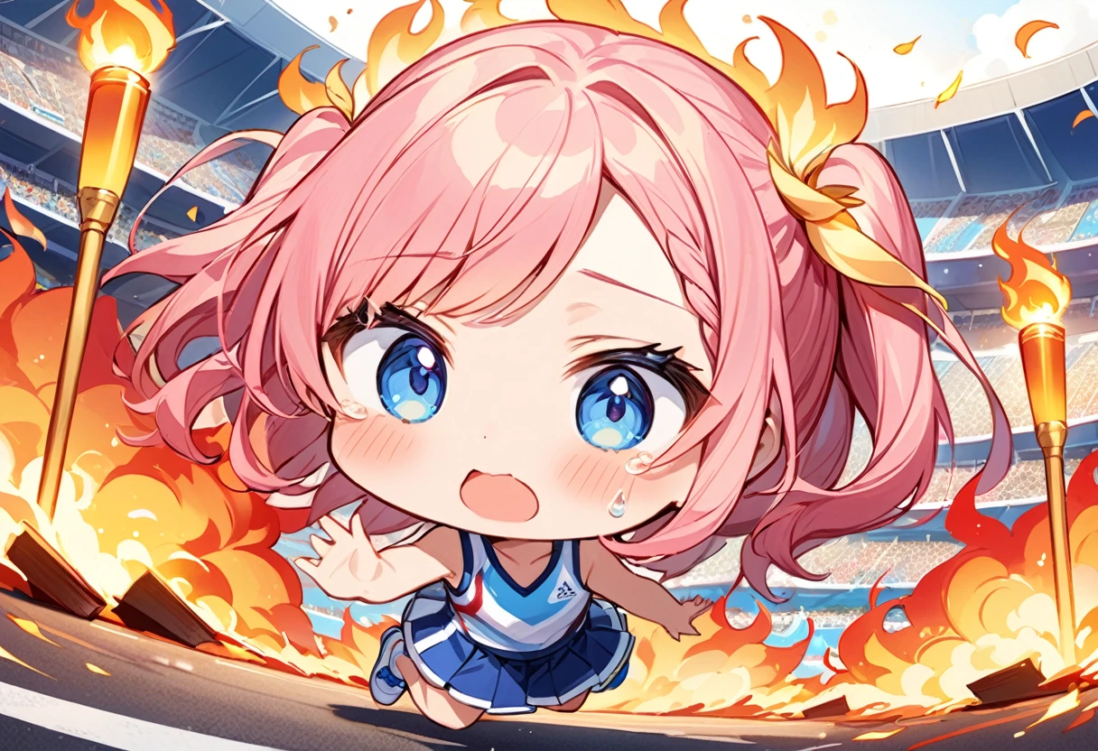 Highest quality、High resolution、Detailed Background、Beautiful face in every detail、Anatomically correct、Detailed facial expressions、fine grain、((full body, from below, side view)), ((One Girl:1.5))、((Chibi Girl:1.2))、Cute hair color、Big beautiful blue eyes、Fuller lips、Pink Lips、Braided twin tails、(Olympic Torch Runner:1.2)、(Olympic mark tank top、Vneck、mini skirt、Cute Shoes)、break ((Falling and lying face down:1.2、One arm outstretched:1.2))、((Very surprised expression:1.2、Crying face、Open your mouth wide:1.2、There are big tears in my eyes:1.2))、Close-up of the mouth、break ((The Olympic flame on the road1The book is falling:1.2、Huge flame from the Olympic torch))、The surroundings are on fire、Big Explosion、(The background is an athletics stadium、Many spectators)