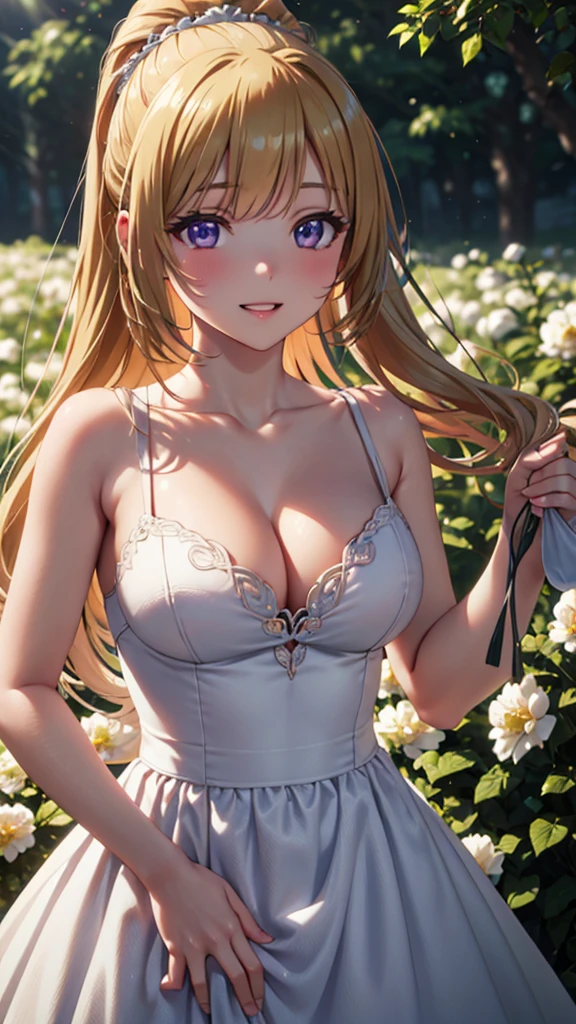 (masterpiece, best quality, absurdres), high quality, highres, ultra detailed, intricate, wallpaper, close-up, looking at viewer, beautiful woman, 1girl, parted lips, kei Karuizawa, small breasts, blonde hair, bangs, ponytail , detailed violet eyes, ((Super Realistic Detailed Eyes, glowing eyes)), beautiful face,smiling,close up to hips, beautiful breast, in the middle of flowers field, wearing beautiful wedding dress, (open mouth:0.4), illustration, detailed textures(realists), ultra-detailed, portrait style, vivid colors, soft lighting, blushing, mature, hair fluttering, evening light, cleavage, holding a bucket of flowers