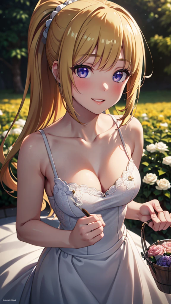 (masterpiece, best quality, absurdres), high quality, highres, ultra detailed, intricate, wallpaper, close-up, looking at viewer, beautiful woman, 1girl, parted lips, kei Karuizawa, small breasts, blonde hair, bangs, ponytail , detailed violet eyes, ((Super Realistic Detailed Eyes, glowing eyes)), beautiful face,smiling,close up to hips, beautiful breast, in the middle of flowers field, wearing beautiful wedding dress, (open mouth:0.4), illustration, detailed textures(realists), ultra-detailed, portrait style, vivid colors, soft lighting, blushing, mature, hair fluttering, evening light, cleavage, holding a bucket of flowers