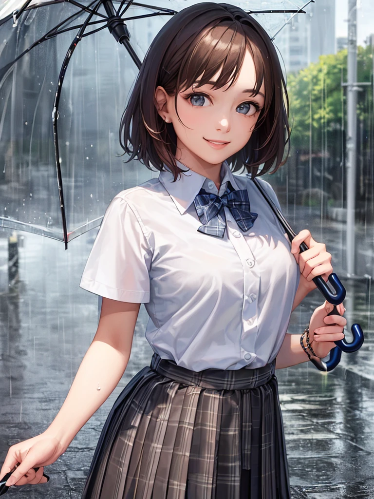 (Highest quality、8k、32K、masterpiece)、(Realistic)、(Realistic:1.2)、(High resolution)、Very detailed、Very beautiful face and eyes、(((Women's Solo Shot)))、Tight waist、(Highest quality、Attention to detail、Rich skin detail)、(Highest quality、8k、Oil paints:1.2)、(Realistic、Realistic:1.37)、Bright colors、(((Cowboy Shot)))、(((Bob Hair)))、(((Medium Hair)))、(((He has a happy face.)))、((smile))、(((Brown Hair)))、((Collared short-sleeved shirt, White shirt, , Grey plaid pleated skirt, Blue checked bow tie), )、(((Rainy street)))、(((I'm holding an umbrella)))、(((It's raining)))、(((Teeth are visible)))