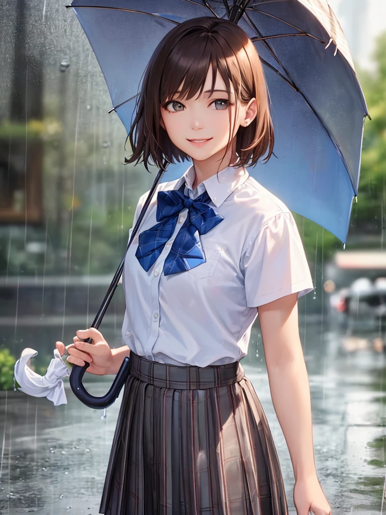 (Highest quality、8k、32K、masterpiece)、(Realistic)、(Realistic:1.2)、(High resolution)、Very detailed、Very beautiful face and eyes、(((Women's Solo Shot)))、Tight waist、(Highest quality、Attention to detail、Rich skin detail)、(Highest quality、8k、Oil paints:1.2)、(Realistic、Realistic:1.37)、Bright colors、(((Cowboy Shot)))、(((Bob Hair)))、(((Medium Hair)))、(((He has a happy face.)))、((smile))、(((Brown Hair)))、((Collared short-sleeved shirt, White shirt, , Grey plaid pleated skirt, Blue checked bow tie), )、(((Rainy street)))、(((I'm holding an umbrella)))、(((It's raining)))、(((Teeth are visible)))