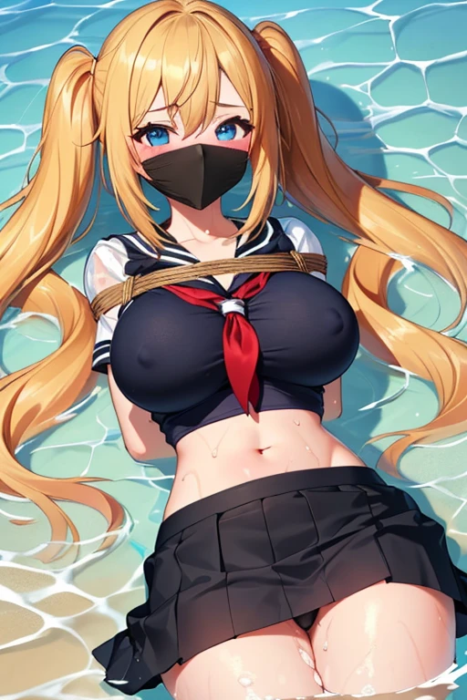 1 girl, (detailed blue eyes, lange wimpern, detailed beautiful face:1.1), 4k quality, twintails, Haare Seiten nach oben, (Long blonde hair:1.4), (arms behind back:1.3), (big breasts:1.5), Red rope, (blushing:1.3), erina nakiri, long hair, orange hair, hair between eyes, (black skirt, White crop top, school girl, 18 jears old:1.4), (bondage:1.3), erhobene Augenbrauen, pralle Brüste, OTN, Gag, gagged, (laying in water:1.5), wet, (near a Public beach with many people:1.5)