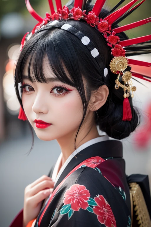 1girl, solo, looking_at_viewer, black_hair, hair_ornament, closed_mouth, upper_body, japanese_clothes, kimono, black_eyes, lips, cosplay, eyelashes, makeup, lipstick, eyeshadow, photo_(medium), headdress, hair_stick, red_lips, comb