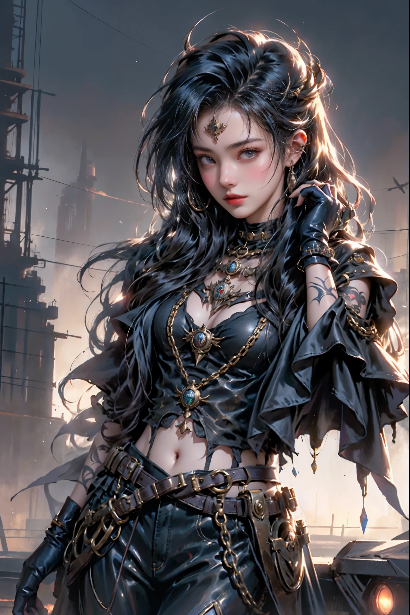 A striking portrait of a Tarotpunk woman, adorned with intricate steampunk-inspired tattoos and a mysterious aura. She wears a dark outfit with a flowing cape, and her eyes are hidden behind a pair of goggles. The background is a blend of dark, stormy skies and industrial cityscape, with a hint of a Tarot card design. The overall ambiance is a mix of dark fantasy and steampunk elements, creating an enigmatic atmosphere.