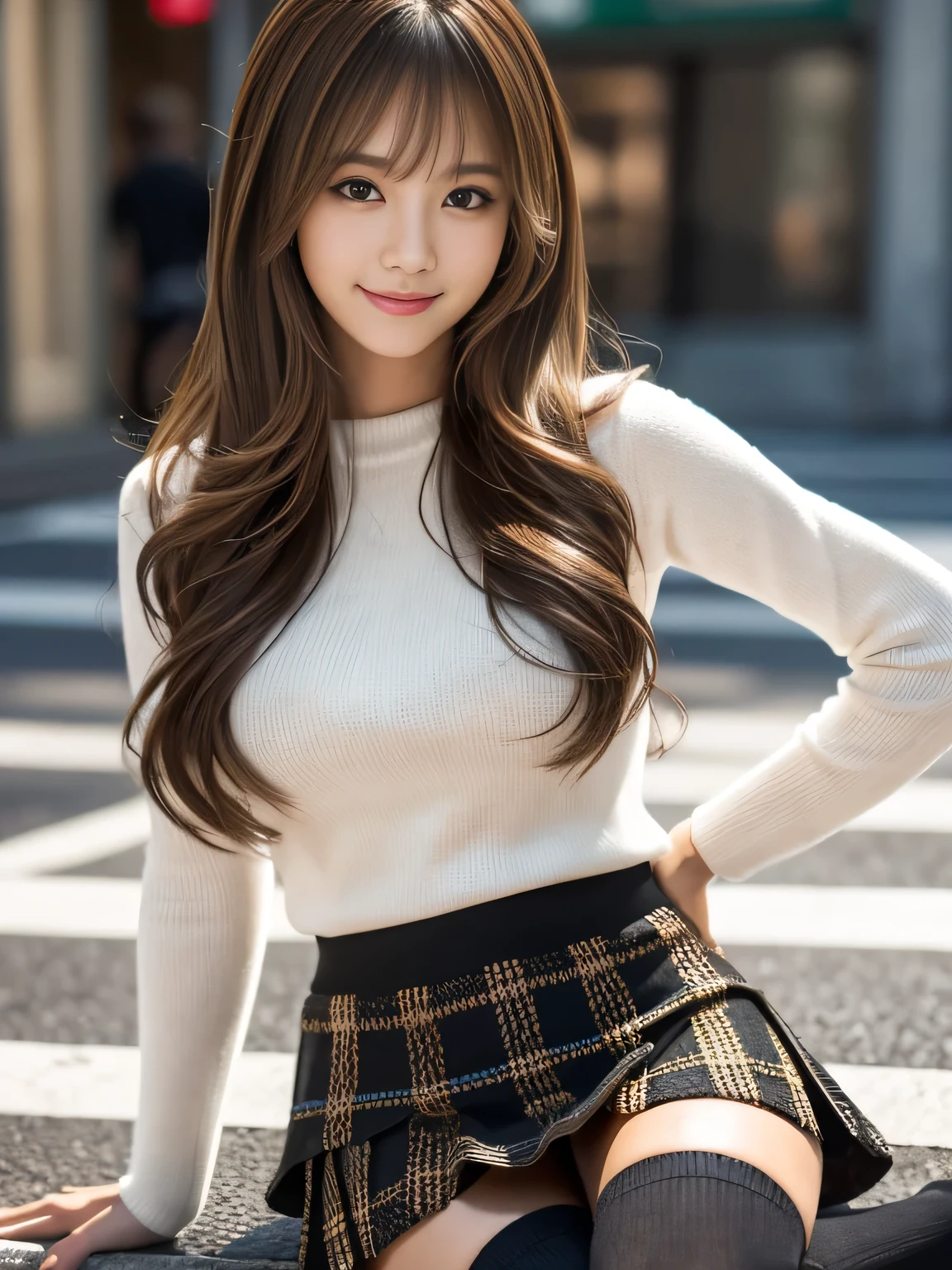 A close up of a woman sitting on a street with a skirt - SeaArt AI