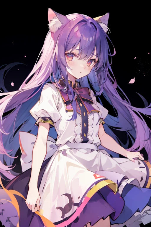 A girl, adolescent,with feline characteristics, including cat ears.her dress is pink and beige,with a cape design on the skirt that flares from the waist.His eyes are large and expressive,with long eyelashes, his gaze is warm and kind.
