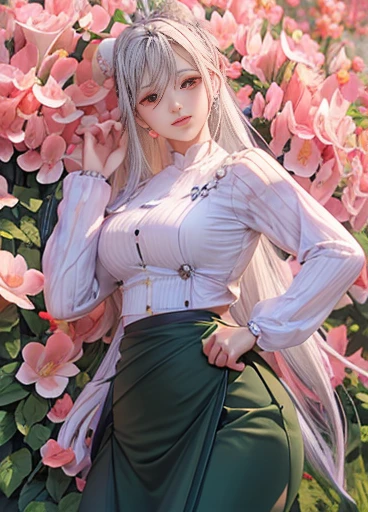 photorealistic, high resolution, masterpiec e best quality ultra-detailed, 1women. (m edium breast), hair bun, jesmine flower o n the head, mature female, solo, hips up, (wearing acmmsayarma outfit, acmmsaya rma (♥️ top ) with buttons, long sleeves), ((acmmsayarma 🍒 long skirt)