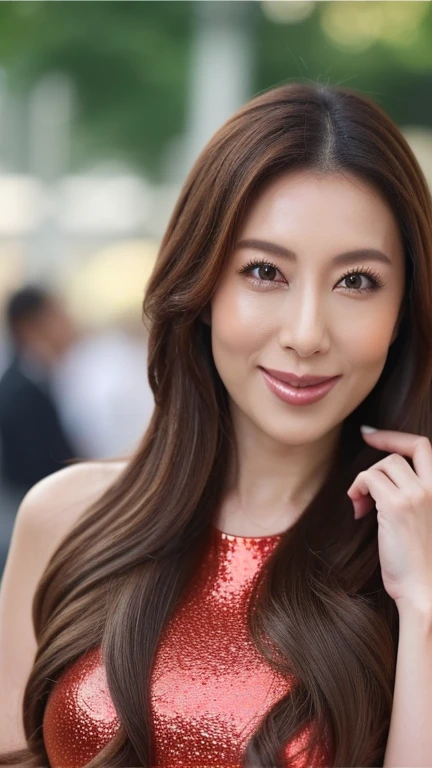 (Cowboy Shot、Highest quality、8k、Award-winning works、Ultra-high resolution)、One beautiful woman、(perfection, Shiny tight dress)、Bright color contacts、perfection Makeup、Bright and shiny lipstick、(Very heavy makeup:1.2)、Beautiful bright eyeshadow、(Big Breasts:1.2)、Long Hair,(brand:1.3)、(Romantic affection:1.1)、私を見た時の最高のsmile、(Many of them emphasize the body line...:1.1)、(Strongly blurred vibrant Harajuku city background:1.1)、(Strongly blurred background:1.1)、Accurate anatomy、Ultra HD Hair、(Ultra-high resolutionのperfectionな美しい歯:1.1)、Ultra-high definition beauty face、Ultra HD Hair、Ultra HD Shining Eyes、輝くUltra-high resolutionの美肌、Ultra-high resolutionの艶やかな唇,smile