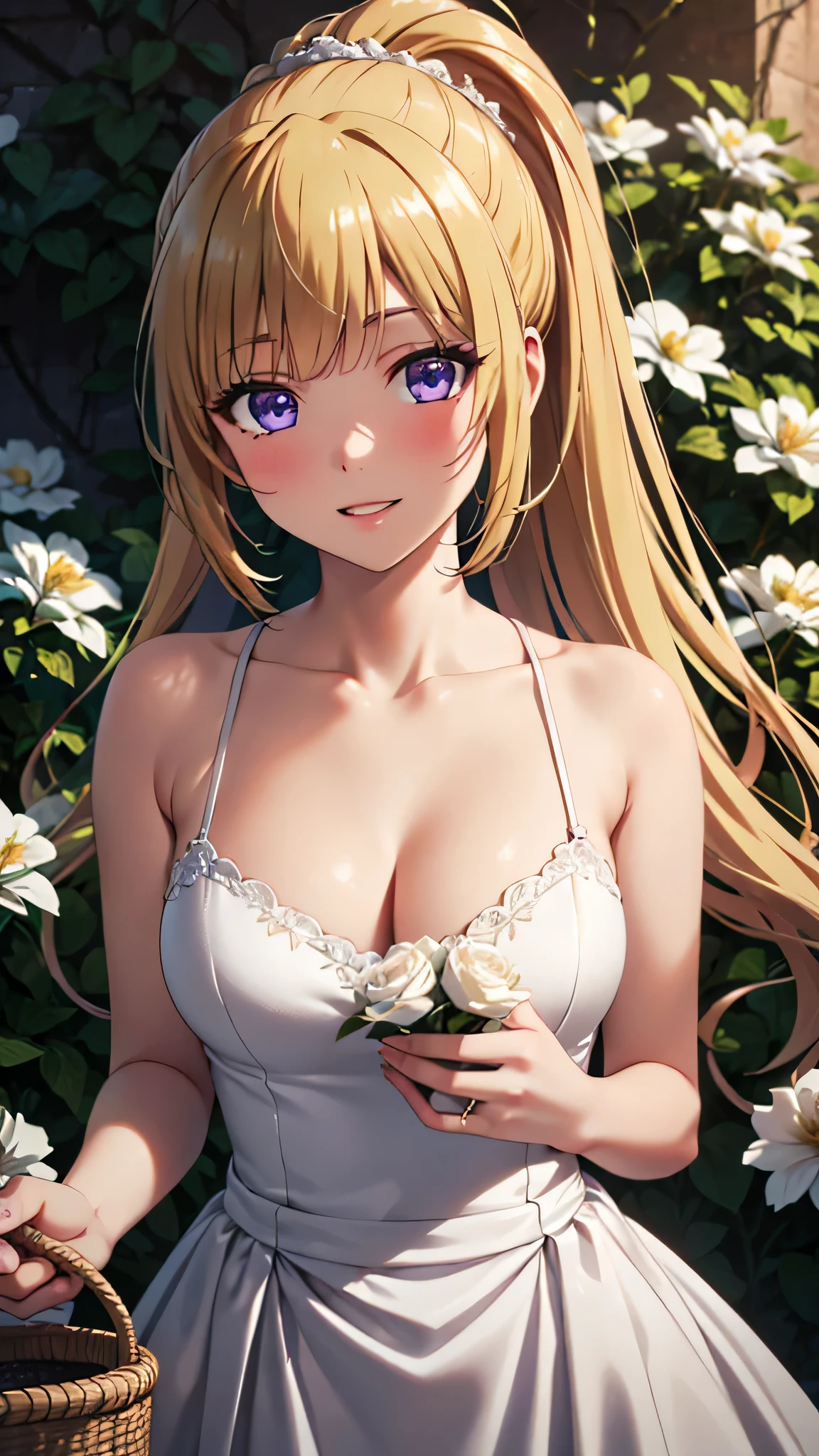 (masterpiece, best quality, absurdres), high quality, highres, ultra detailed, intricate, wallpaper, close-up, looking at viewer, beautiful woman, 1girl, parted lips, kei Karuizawa, small breasts, blonde hair, bangs, ponytail , detailed violet eyes, ((Super Realistic Detailed Eyes, glowing eyes)), beautiful face,smiling,close up to hips, beautiful breast, in the middle of flowers field, wearing beautiful wedding dress, (open mouth:0.4), illustration, detailed textures(realists), ultra-detailed, portrait style, vivid colors, soft lighting, blushing, mature, hair fluttering, evening light, cleavage, holding a bucket of flowers 