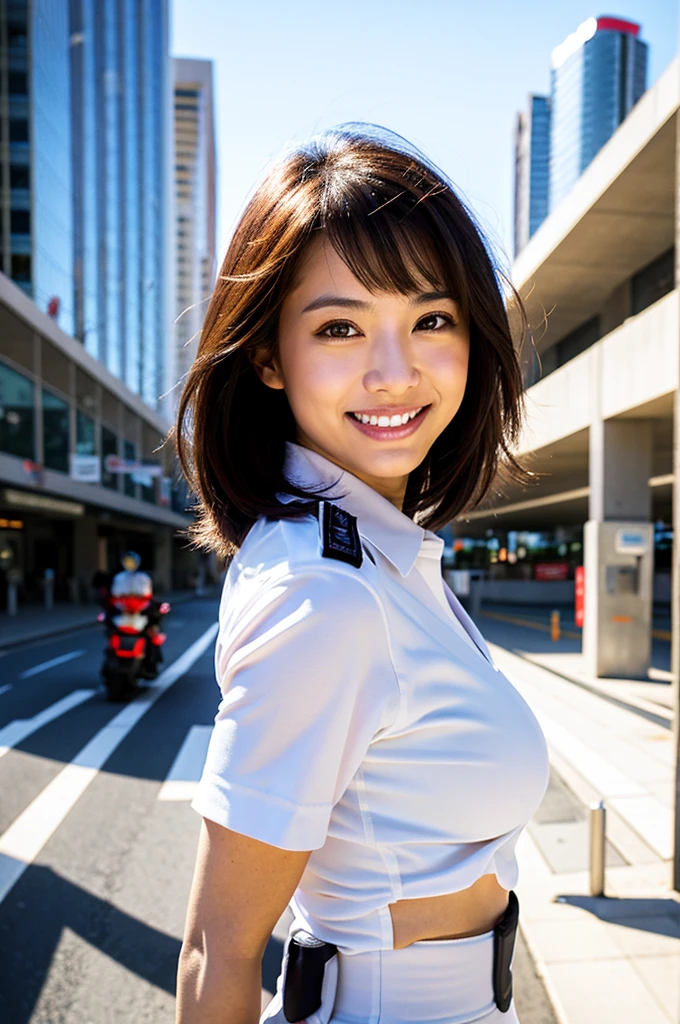 Highest quality,master piece,bokeh,incredibly absurdres,high resolution,lens flare,a girl, one girl,solo focus,alone,full body,perfect anatomy,8k,a girl, one girl,solo focus,alone,from front,sexy posing,very short hair,,Beautiful Japanese Women,Asian、Age 25,police uniform,Female police officer,smile,teeth,Large Breasts、valley、arched back,The background is the city,,one girl
