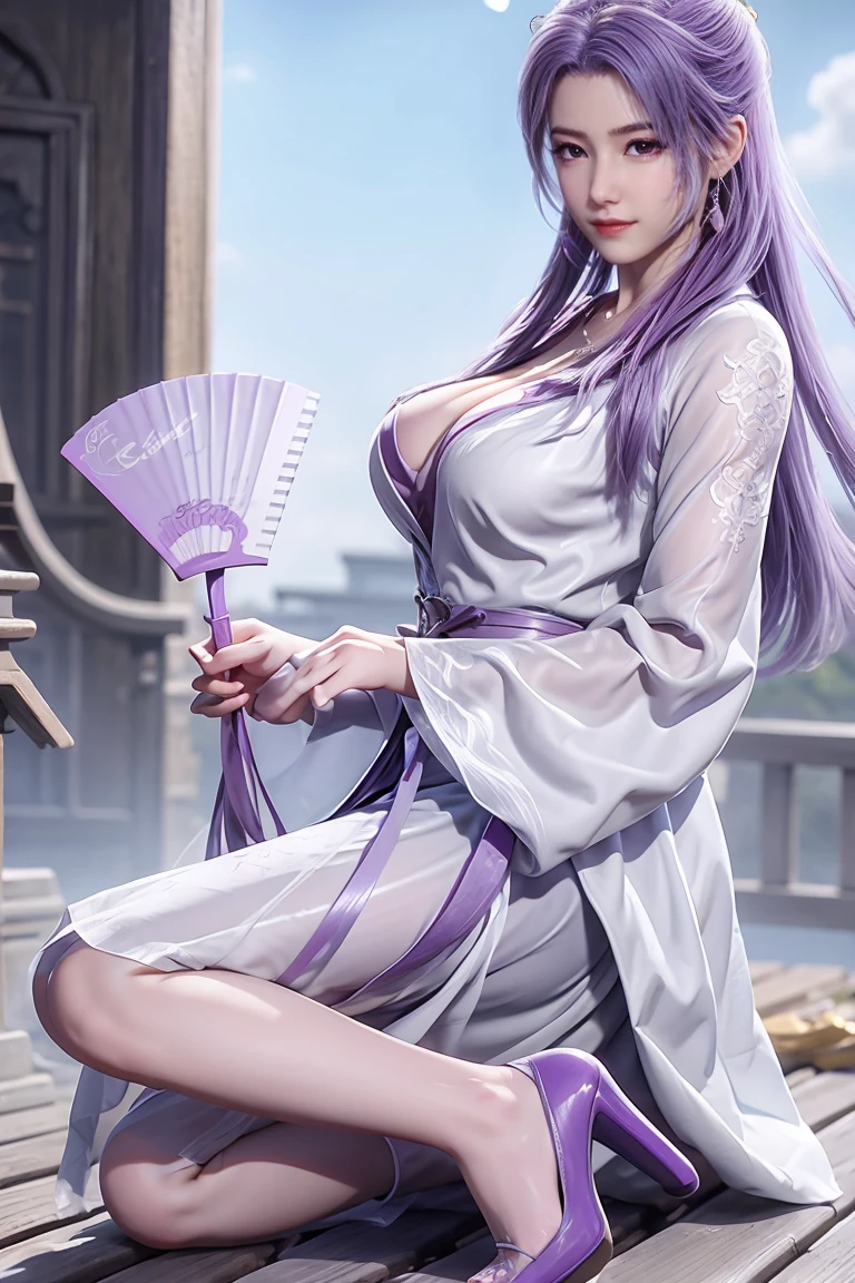 Wearing a gauze skirt，The skirt is full of tulle patterns，Long legs，Large Breasts，With cleavage，full-body shot，Wearing purple high heels，Have muscles。Holding a fan in hand。