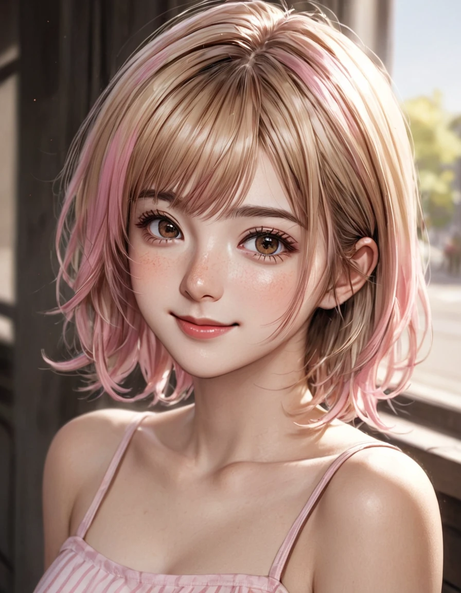 (best quality), 1girl, female, sun kissed skin, blonde hair, medium hair, swept bangs, pink streaked hair, brown eyes, perfect eyes, freckles, , slender, smile, small bust, masterpiece, anatomically correct, highres