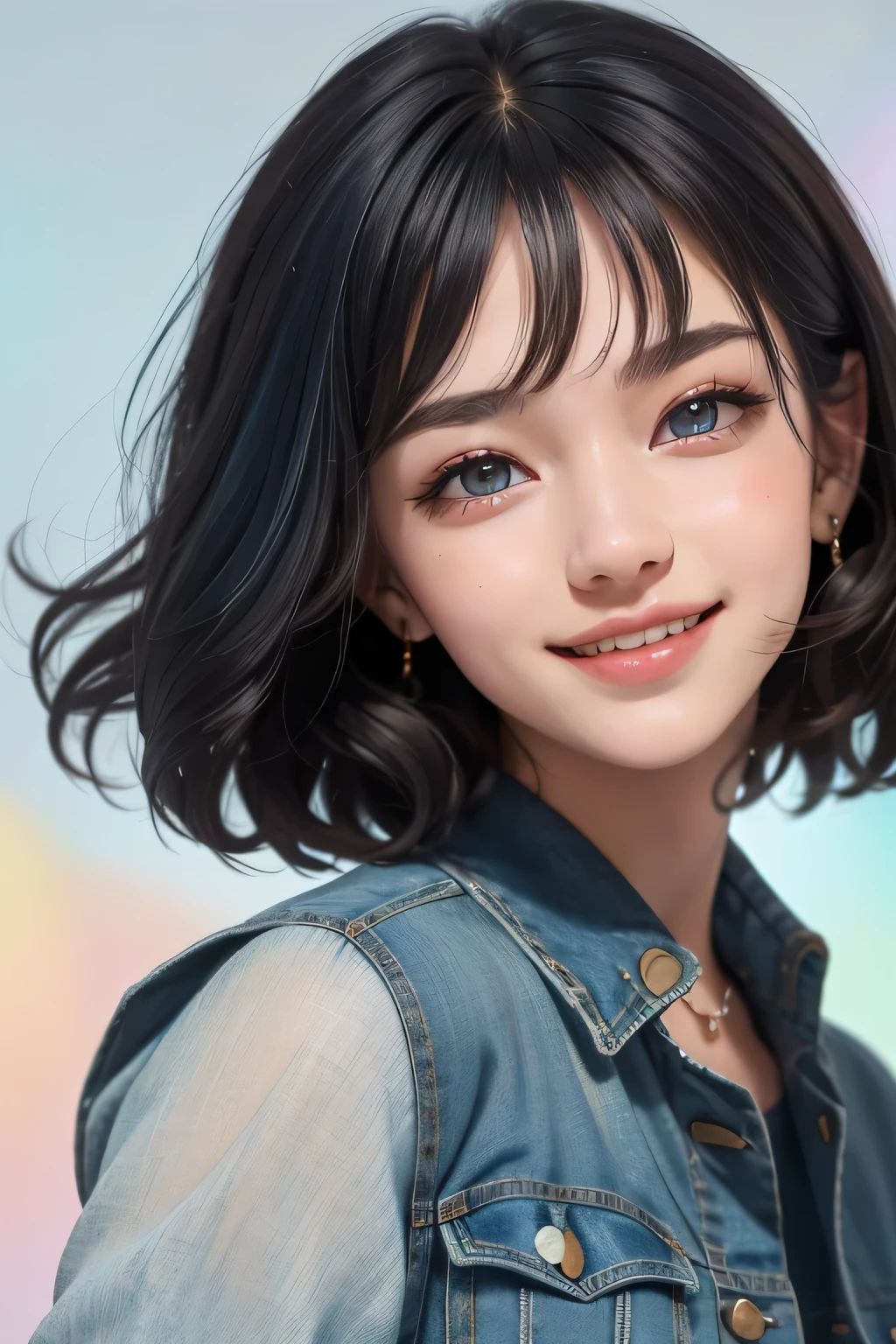 ((best quality)), ((masterpiece)), (detailed), one girl 1girl, dark blue hair, dark brown eyes, very short hair, cute, happy smile, pastel clothes, cute girl, bright background, denim clothes, close up,