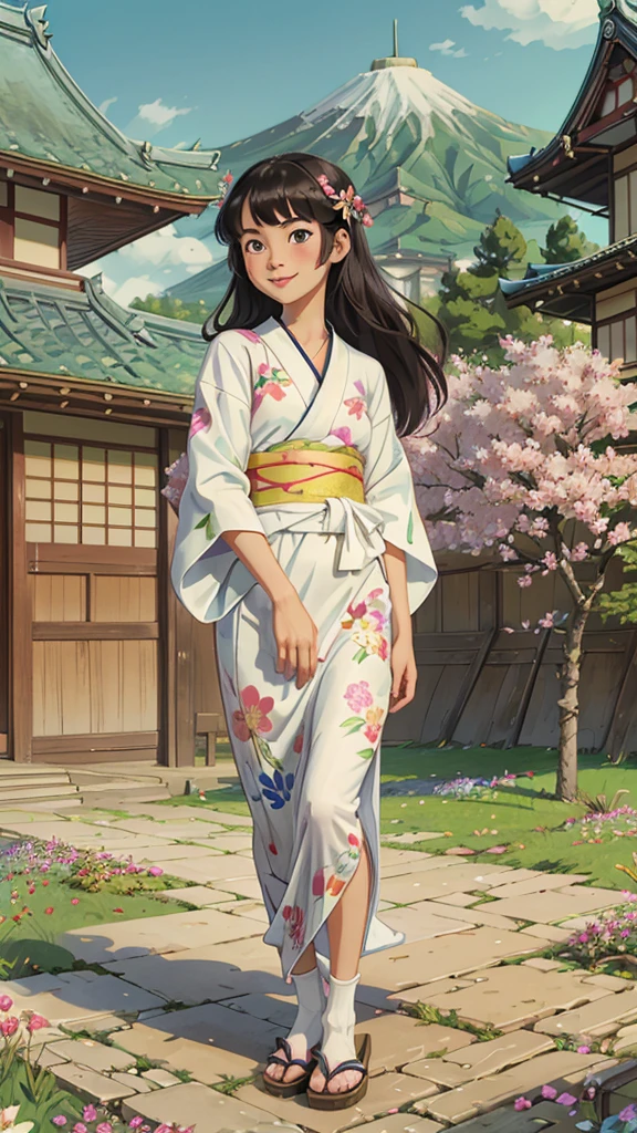 best quality,masterpiece,1girl,solo,(((ars old)japanese girl,an extremely cute and beautiful girl,highly detailed beautiful face and eyes,petit,cute face,lovely face,baby fahy smile,show teeth,black hair,long hair,flat chest,skinny,slender,(((wearing a long white floral hanfu, tabi, geta,))),(((standing in a Japanese castle))),she is looking at the viewer,