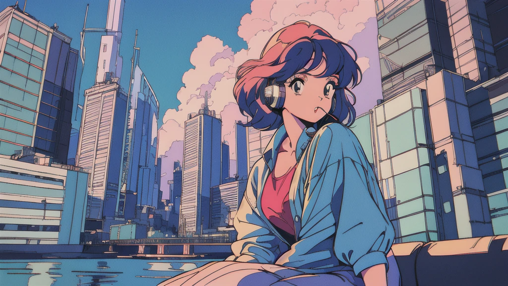 Observe every detail perfectly,(80's, Retro, City Pop:1.5), (Album cover), (masterpiece, Highest quality), (anime, figure), (pastel colour:1.4), Best Photo Poses, Dynamic Angle,girl, alone, A perfect eye for detail, Delicate face, Tokyo, High Fashion, DJHeadphones,Headphones,Blue sky and clouds,笑顔のgirl、sit,Vivid background