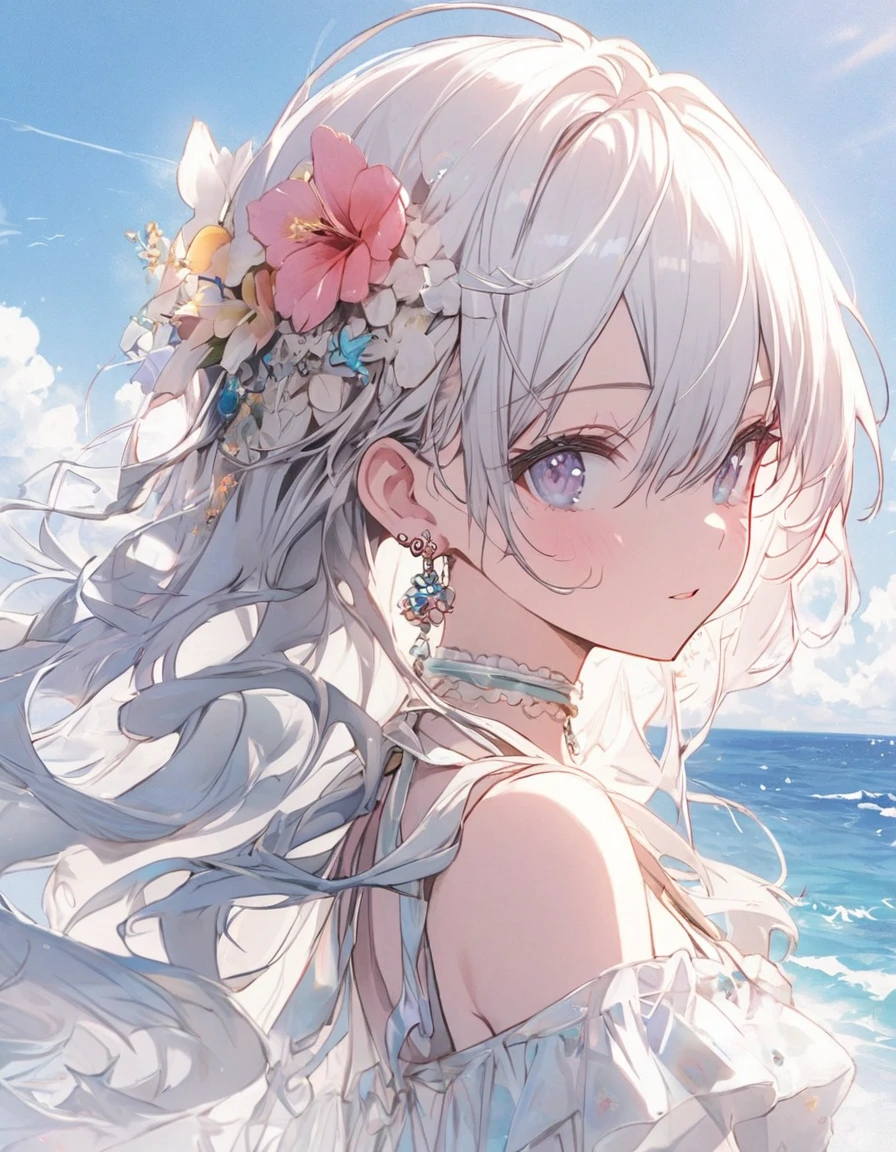 Best quality、Photorealistic、Ultra-detailed、delicate、Orderly、High Detail、Bluish Silver Short Bob、(Drooping heterochromia iris,glowing eyes、Sparkling Eyes:1.3)、Slender、(One girl:1.2)、(Super detailed, masterpiece, 8k, Angelic, 1 girl, Focus on the girl, dress, Wave, blue Ocean, Clear Color, bright, Ocean, transparent:1.3)、Ambient Occlusion、Ambient Light、Ray-traced Reflections、Glow、Shiny Hair、