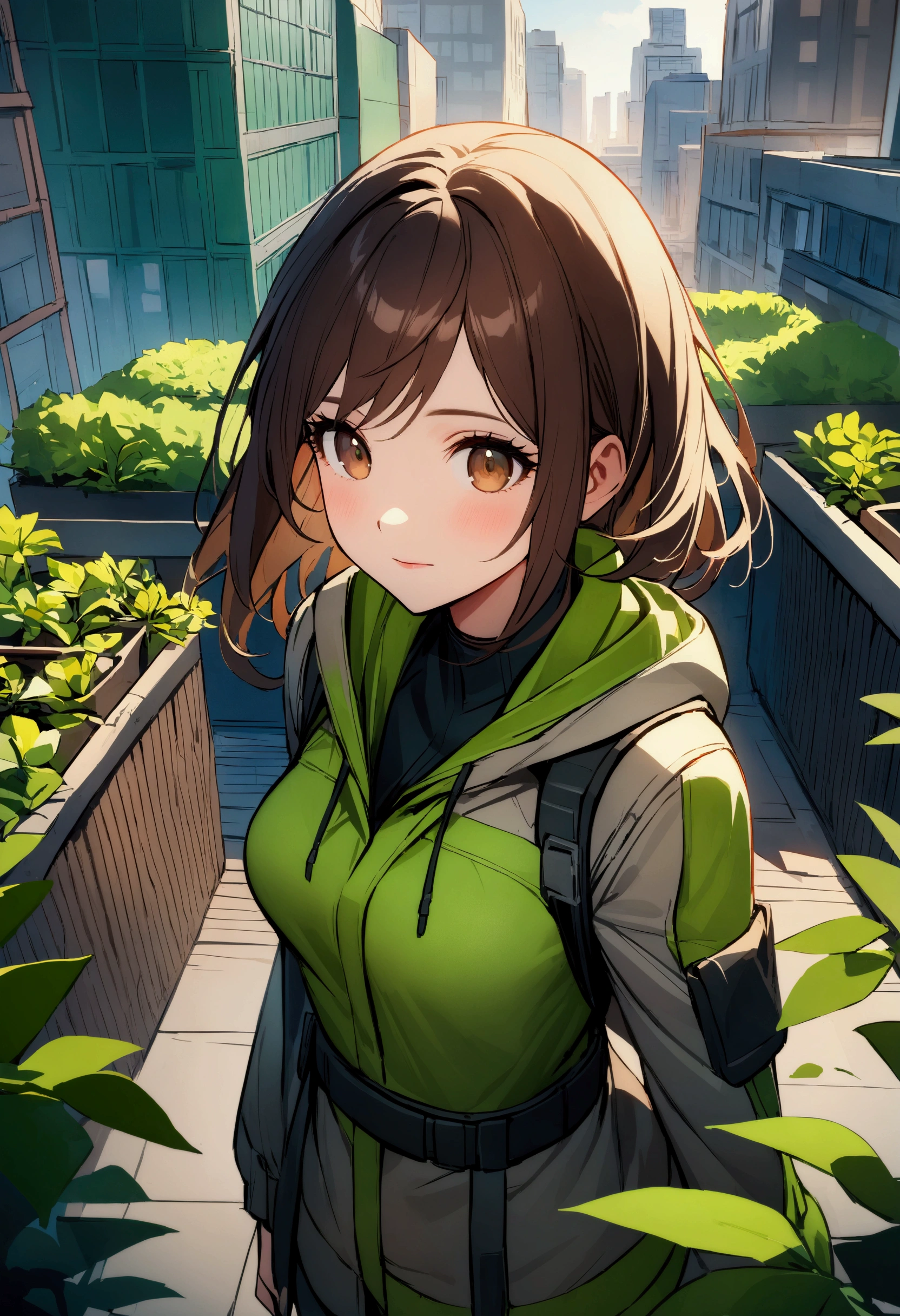 Create a 4K, highly detailed, and beautifully rendered image of a female urban environmental engineer, standing confidently in a bustling cityscape. She has long, wavy dark brown hair and hazel eyes, wearing practical yet stylish eco-friendly clothing in green tones. The background features a mix of modern buildings and lush green spaces, showcasing sustainable urban solutions such as rooftop gardens and solar panels. The image should capture her determination and compassion, with a warm, optimistic atmosphere, using vibrant and harmonious colors."