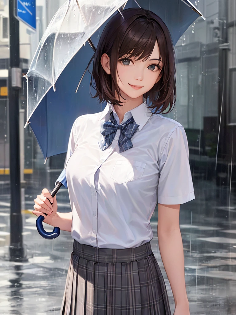 (Highest quality、8k、32K、masterpiece)、(Realistic)、(Realistic:1.2)、(High resolution)、Very detailed、Very beautiful face and eyes、(((Women's Solo Shot)))、Tight waist、(Highest quality、Attention to detail、Rich skin detail)、(Highest quality、8k、Oil paints:1.2)、(Realistic、Realistic:1.37)、Bright colors、(((Cowboy Shot)))、(((Bob Hair)))、(((Medium Hair)))、(((He has a happy face.)))、((smile))、(((Brown Hair)))、((Collared short-sleeved shirt, White shirt, , Grey plaid pleated skirt, Blue checked bow tie), )、(((Rainy street)))、(((I'm holding an umbrella)))、(((It's raining)))、(((Teeth are visible)))、(((Red Umbrella)))、((Slightly wet clothes))