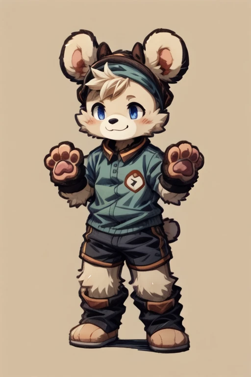 score_9, score_8_up, score_7_up, with Short sleeves , fake animal ears, animal ears, bear ears, paw gloves, bear paws, paw pose, smile, standing, simple background