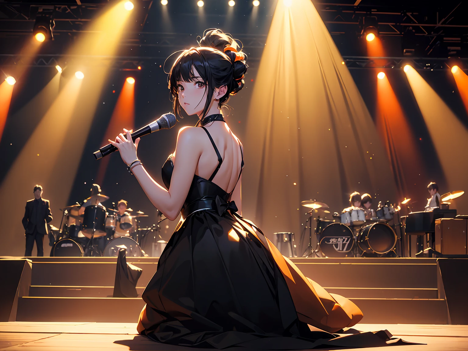 (((Women farting))),(girl farting while stand)),(stand mic),shocked,(a female singer),(wearing a and skirt),(),(view from behind) (ponytail hair black hair),(Asian woman),(concert stage),(masterpiece:1.2、top-quality)、(the Extremely Detailed CG Unity 8K Wallpapers、ultra-detailliert、Best Shadows)、(Detailed background)、(The best lighting、extremely delicate and beautiful)、depth of fields、1girl in、report、upward looking gaze、
