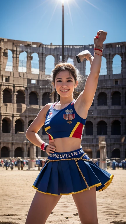 best quality, high quality, ultra quality, 8k, masterpiece, detailed, extremely detailed, insanely detailed, ultra detailed, ultra highres ,exquisite, lifelike Images,cinematic experience,UHD picture,Realistic,photorealistic,hyperrealistic,vivid,RAW photo,shot by DSLR, 
one girl, upper body,half smile, (Roman Colosseum:1.2), Gladiators, fighting stance, (crowd of spectators,Large crowd:1.1),(Olympic Flag),Olympic symbols,Combat Uniform,Battle Suit