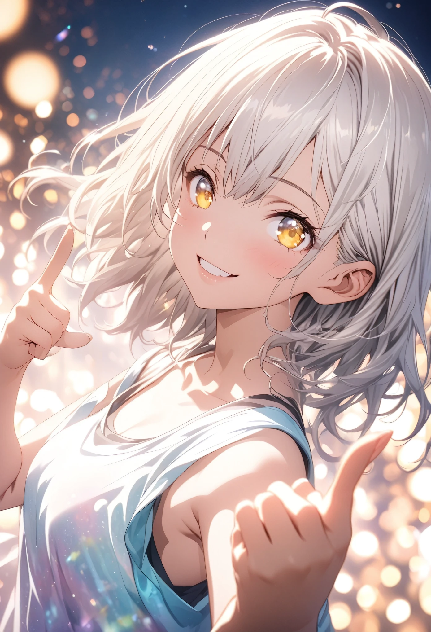 masterpiece, Highest quality, Highly detailed CG Unity 8K wallpapers, High Girl Anime Illustration. Wear an oversized tank top、Love Dance Solo, Pointing the index fingers of both hands, she has her eyes closed and mouth open, smile. The background is a light pastel colored landscape.., white hair color, Yellow Eyes, bokeh photography, (soft focus):1.2, out-of-focus highlights, dreamy ambiance, glowing circles, mesmerizing depth, The background is realistic
