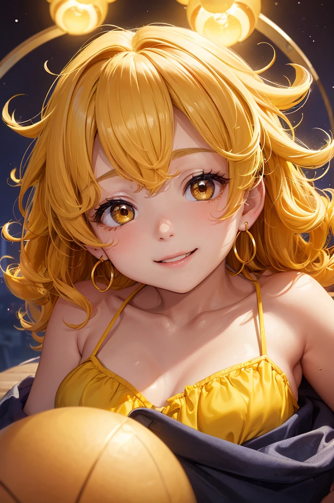 、beautiful girl、smile、Yellow Hair、Big eyeoonlit Night、Close-up of face、Beautiful collarbone、Close-up of face、Yellow Earrings、Curly Hair、Yellow Bikini