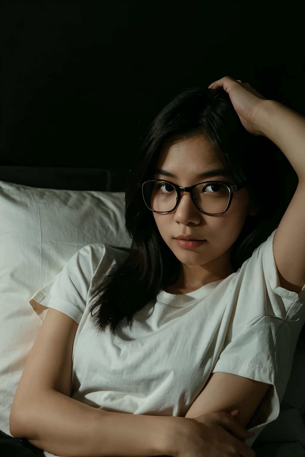 Portrait of a cute 15-year-old age girl with a perfect, beautiful face, mix Chinese Malay, in panties, in bed (dark private study, dark, atmospheric light: 1.2) white shirt, glasses, medium hair, dark brown skin tone, t-shirt, big puffy nipple shape, sweaty, wet shirt, not wearing bra, sporty, taking showers,