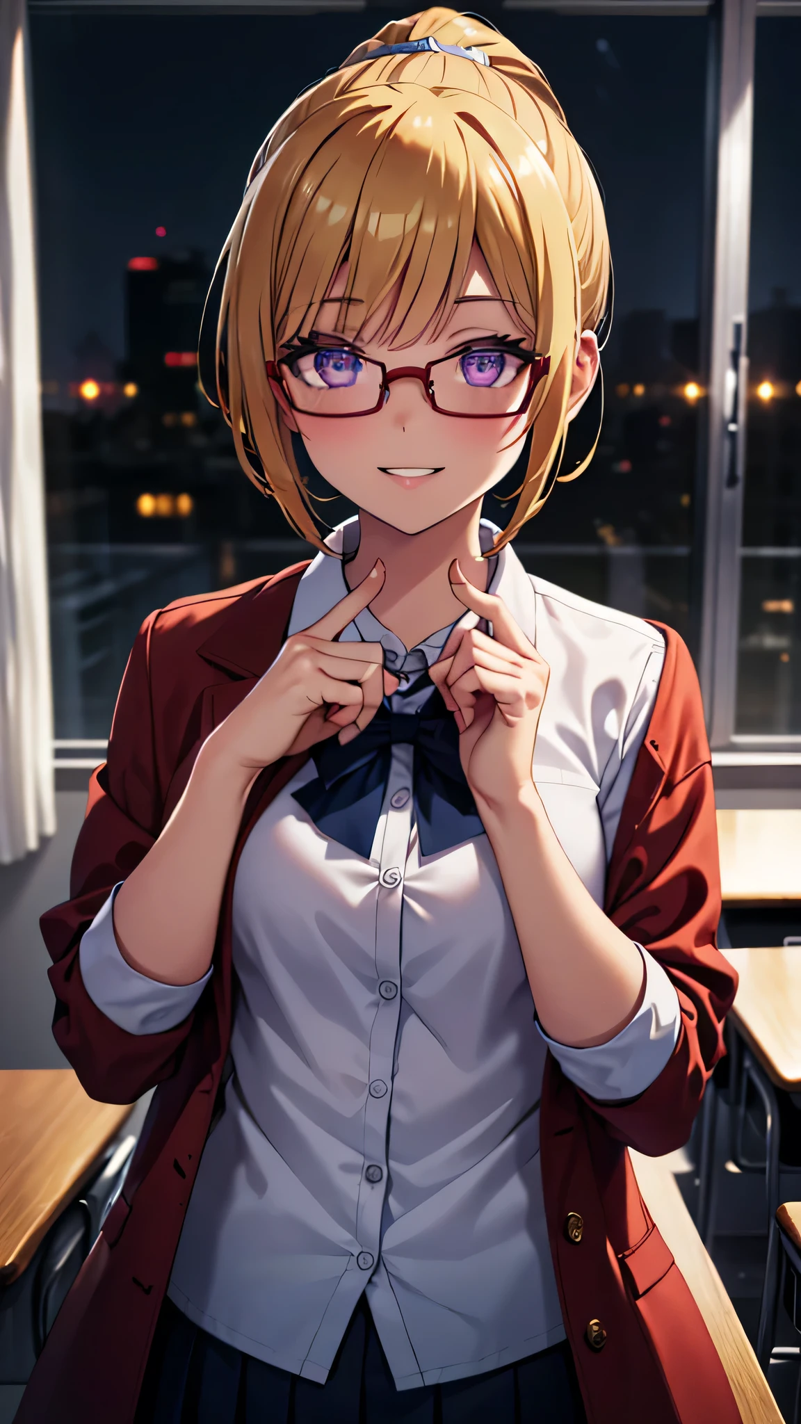 (masterpiece, best quality, absurdres), high quality, highres, ultra detailed, intricate, cinematic lighting, wallpaper, soft lighting, night, close-up, looking at viewer, beautiful woman, 1girl, parted lips, kei Karuizawa, small breasts, blonde hair, bangs, long ponytail hairstyles, detailed violet eyes, ((Super Realistic Detailed Eyes, glowing eyes)), ovall glasses, finger adjusts glasses, smiles, smirk, perfect fingers, in classroom, school class, school outfits, red coat, white shirt, tape, blue skirt 