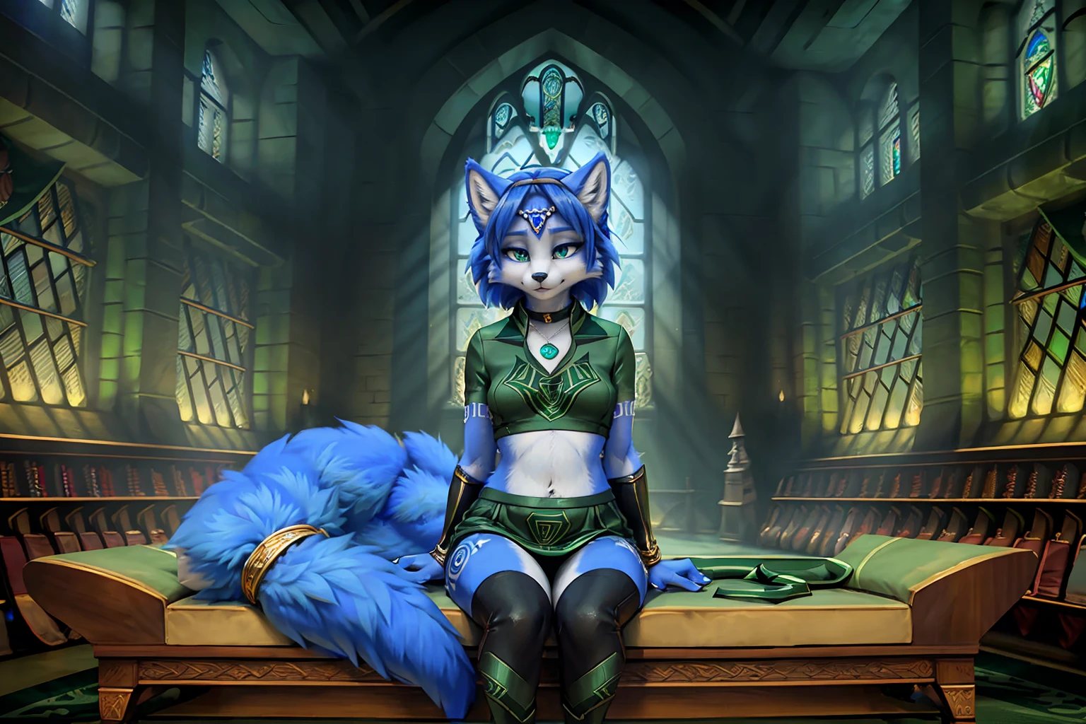 A beautiful and detailed picture of ((krystal)), Star Fox krystal,  green eyes, medium breasts, (((Long blue hair 1.3))),  anthro, furry, (von Fluff-Kevlar, Bayard Wu, personalize me, Pino Daeni),  detailed fluffy fur, detailed face, (fluffy), 1 girl, alone, hair cover one eye:1.4, wears tribal clothing with leather armor, wears tribal top with leather armor, ((in the Slytherin common room at Hogwarts:1.4)), ignores the viewer