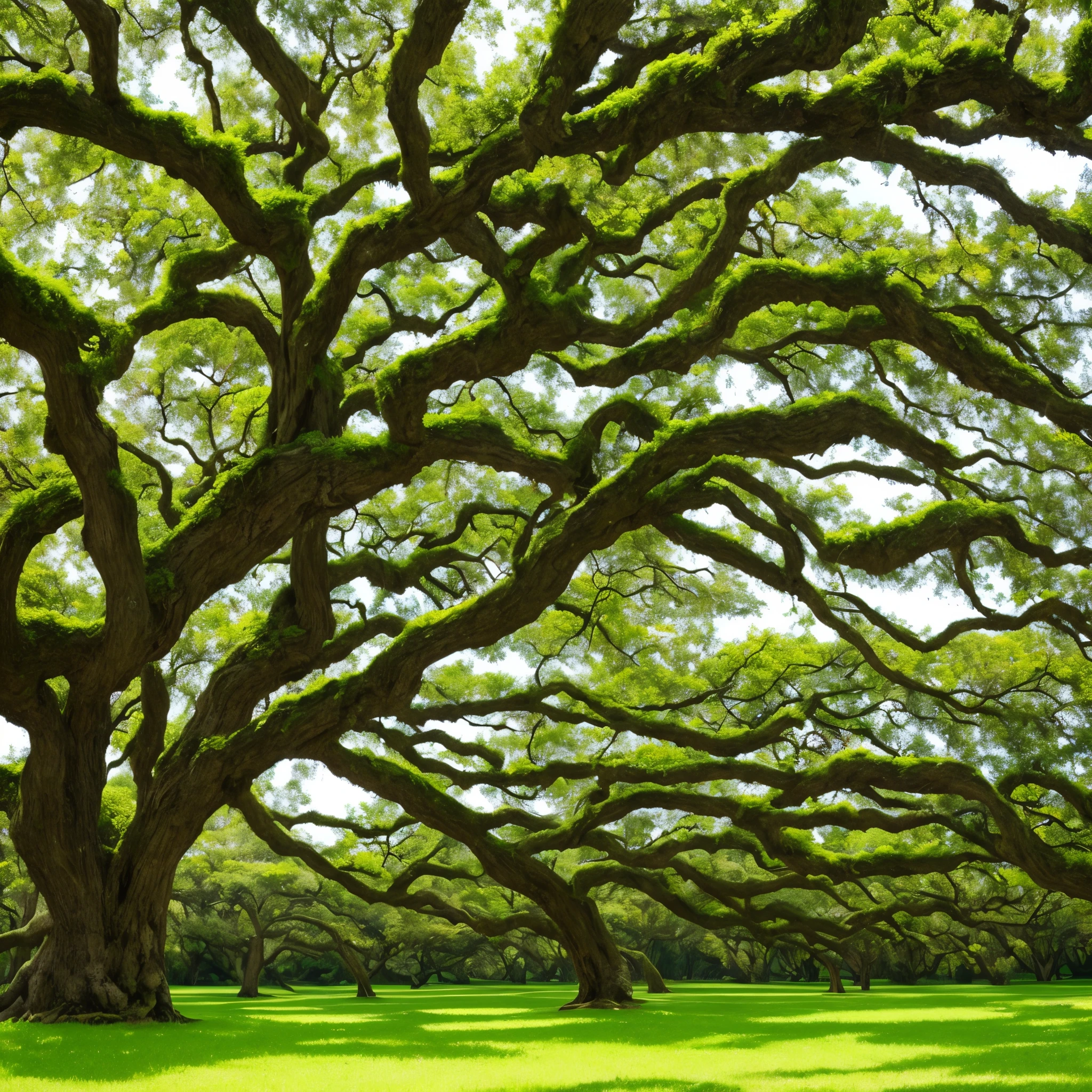 arafed tree with white moss growing on it in a park, a photo by Nancy Spero, flickr, art nouveau, spanish moss, beautiful ancient trees, overhanging branches, a beautiful tree, moss covered, breath - taking beautiful trees, breath-taking beautiful trees, oak trees, old trees, knotted trees, tall broad oaks