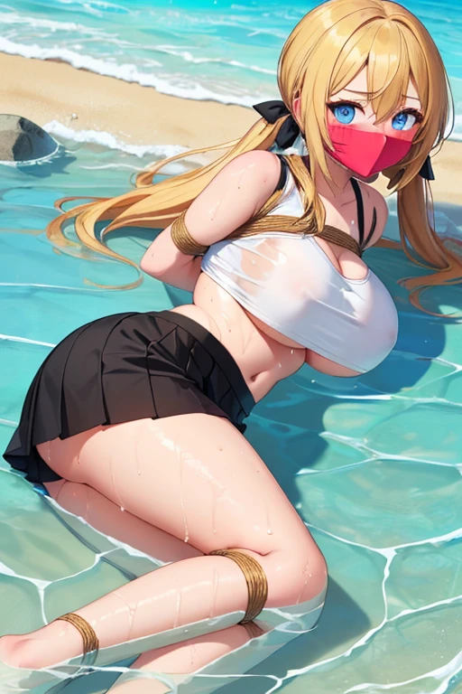 1 girl, (detailed blue eyes, lange wimpern, detailed beautiful face:1.1), 4k quality, twintails, Haare Seiten nach oben, (Long blonde hair:1.4), (arms behind back:1.3), (big breasts:1.5), Red rope, (blushing:1.3), erina nakiri, long hair, orange hair, hair between eyes, (black skirt, White crop top, schwarze krawatte, 18 jears old:1.4), (bondage:1.3), erhobene Augenbrauen, pralle Brüste, OTN, Gag, gagged, (laying in water:1.5), wet, (near a Public beach with many people:1.5)