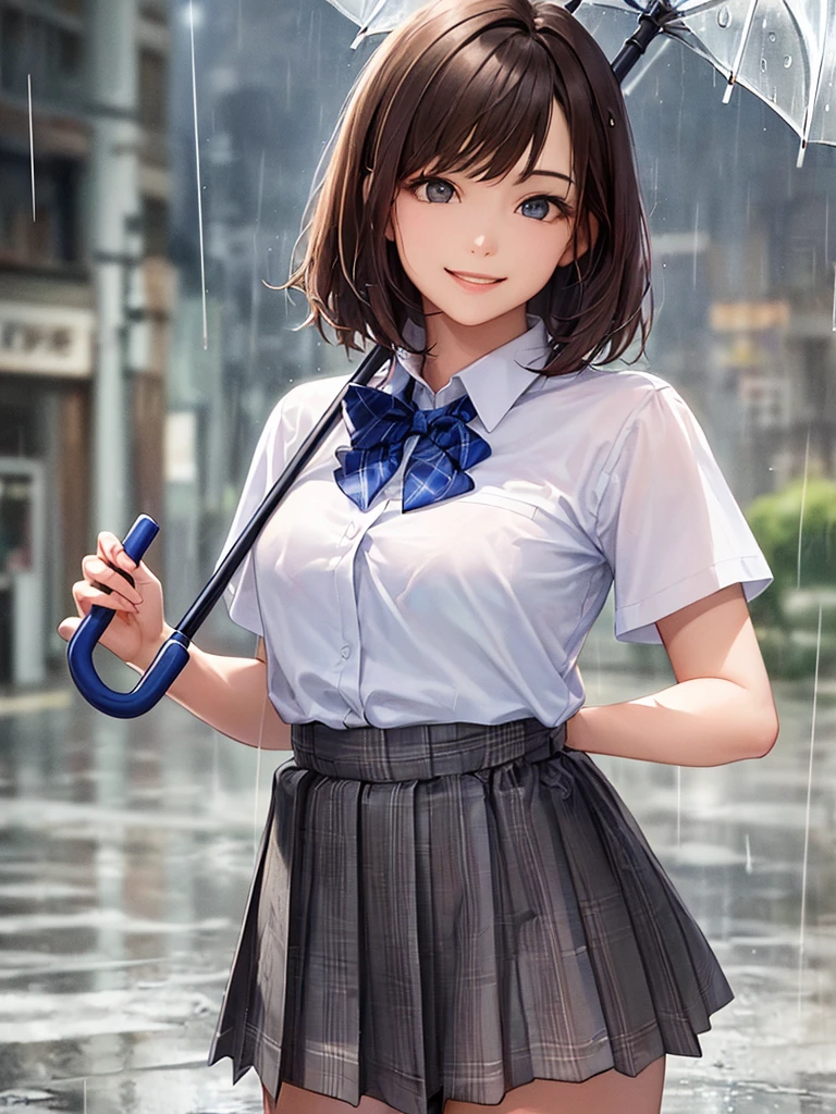(Highest quality、8k、32K、masterpiece)、(Realistic)、(Realistic:1.2)、(High resolution)、Very detailed、Very beautiful face and eyes、(((Women's Solo Shot)))、Tight waist、(Highest quality、Attention to detail、Rich skin detail)、(Highest quality、8k、Oil paints:1.2)、(Realistic、Realistic:1.37)、Bright colors、(((Cowboy Shot)))、(((Bob Hair)))、(((Medium Hair)))、(((He has a happy face.)))、((smile))、(((Brown Hair)))、((Collared short-sleeved shirt, White shirt, , Grey plaid pleated skirt, Blue checked bow tie), )、(((Rainy street)))、(((I'm holding an umbrella)))、(((It's raining)))、(((Teeth are visible)))、(((Red Umbrella)))、((Wet clothes))、(((See-through underwear)))