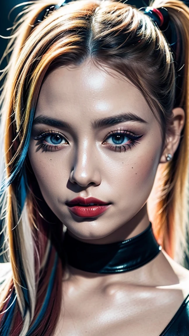 (Best Quality,4k,8k,high,master part:1.2),ultra detailed,(realist,photorealistic,photorealistic:1.37),harley quinn, harley quinn (Margot Robbie), by rubio, by rubio com mechas cor rosa e cor azul ao estilo harley Quinn, by rubio de cor rosa a esquerda e cabelo azul a direita, White skin color, strong makeup, harley quinn makeup, Full body photo, HdR,HD,studio lighting,Apply ultrafino,sharp focus,physically based rendering,extreme detailed description,professional,vivid colors,bokeh,portrait,landscape,horror,cheered up,scientific fiction,Photography,Conceptual artists,Girls,beautiful detailed eyes,beautiful detailed lips,extremely detailed eyes and face,long eyelashes,harley quinn,♦️,lots of details in the background,Stunning art,detailed art,in the style of Sakimi Chan