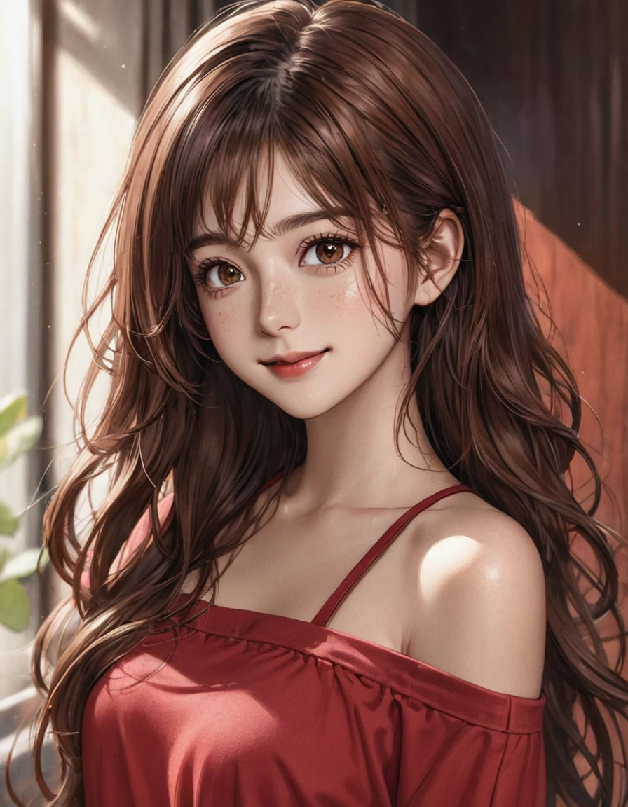 (best quality), 1girl, female, honey toned skin, chestnut hair, long hair, slightly wavy hair, brown eyes, perfect eyes, freckles, red clothes, , slender, small bust, smile, masterpiece, anatomically correct, highres