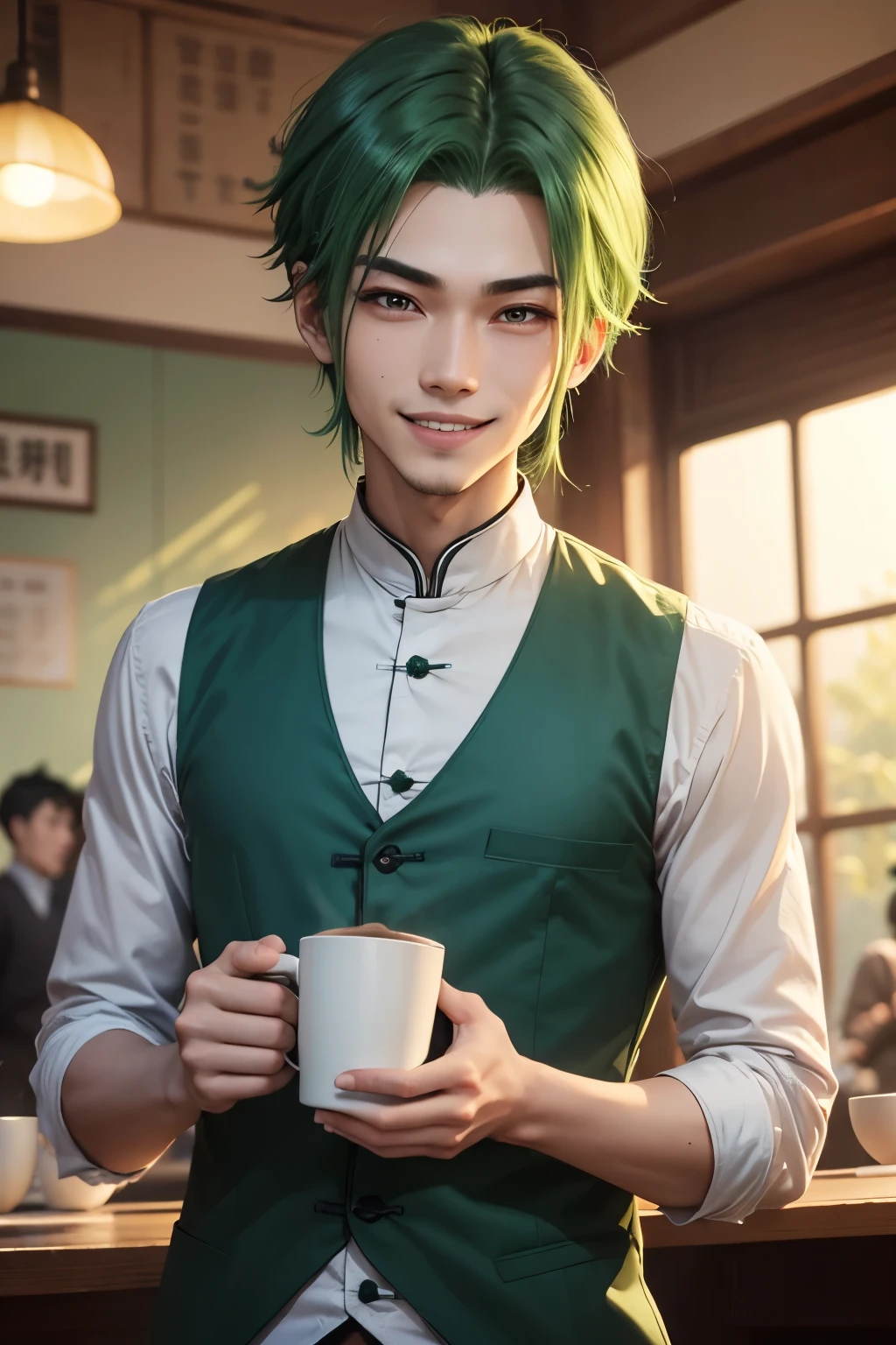 1,man,Height 185,green hair,Neck length,I swipe left,Wear a long-sleeved shirt.,blue vest,Smiling, not seeing teeth.,Close your eyes.,Big eyes,China,1 mole under left eye,Chao Leh,coffee shop