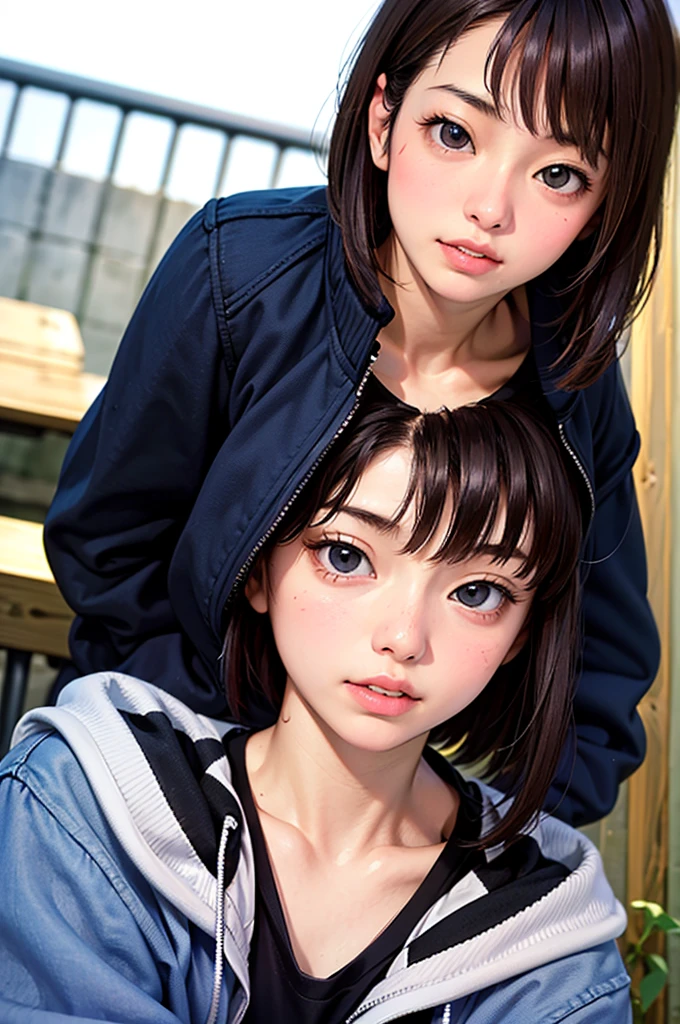 masterpiece, best quality, 1girl, solo, K-NANAMI, ((20yo, japanese face, japanese Actress)), short hair, black hair, black eyes, blue jacket, black gym-wear, (No expression), sitting, outdoors, sitting on a bench, ((upper body, face focus, face close-up)), smile, teeth,