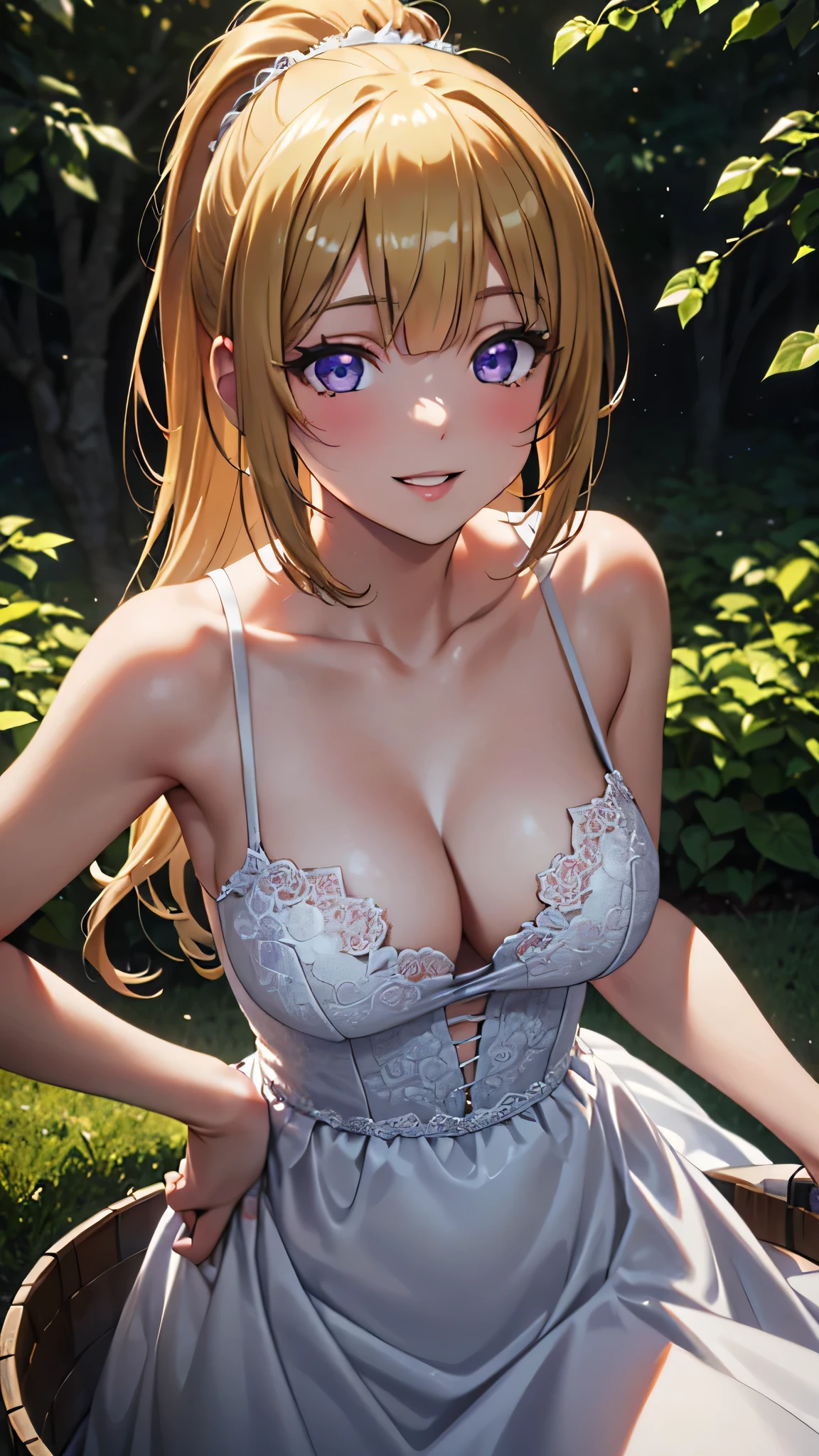 (masterpiece, best quality, absurdres), high quality, highres, ultra detailed, intricate, wallpaper, close-up, looking at viewer, beautiful woman, 1girl, parted lips, kei Karuizawa, small breasts, blonde hair, bangs, ponytail , detailed violet eyes, ((Super Realistic Detailed Eyes, glowing eyes)), beautiful face,smiling,close up to hips, beautiful breast, in the middle of flowers field, wearing beautiful wedding dress, (open mouth:0.4), illustration, detailed textures(realists), ultra-detailed, portrait style, vivid colors, soft lighting, blushing, mature, hair fluttering, evening light, cleavage, holding a bucket of flowers, holding a flowers