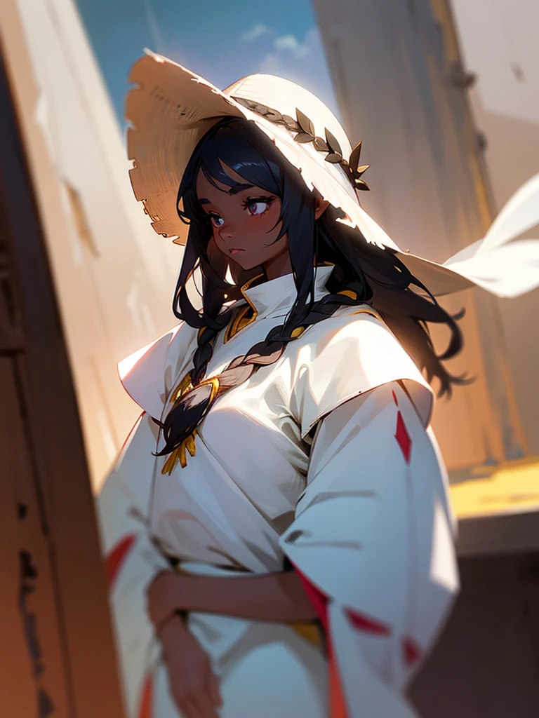 Girl with dark skin, with indigenous features, long dark hair, wearing Emilia's outfit from the anime Re:NULL, medium sized breasts, slightly voluminous butt