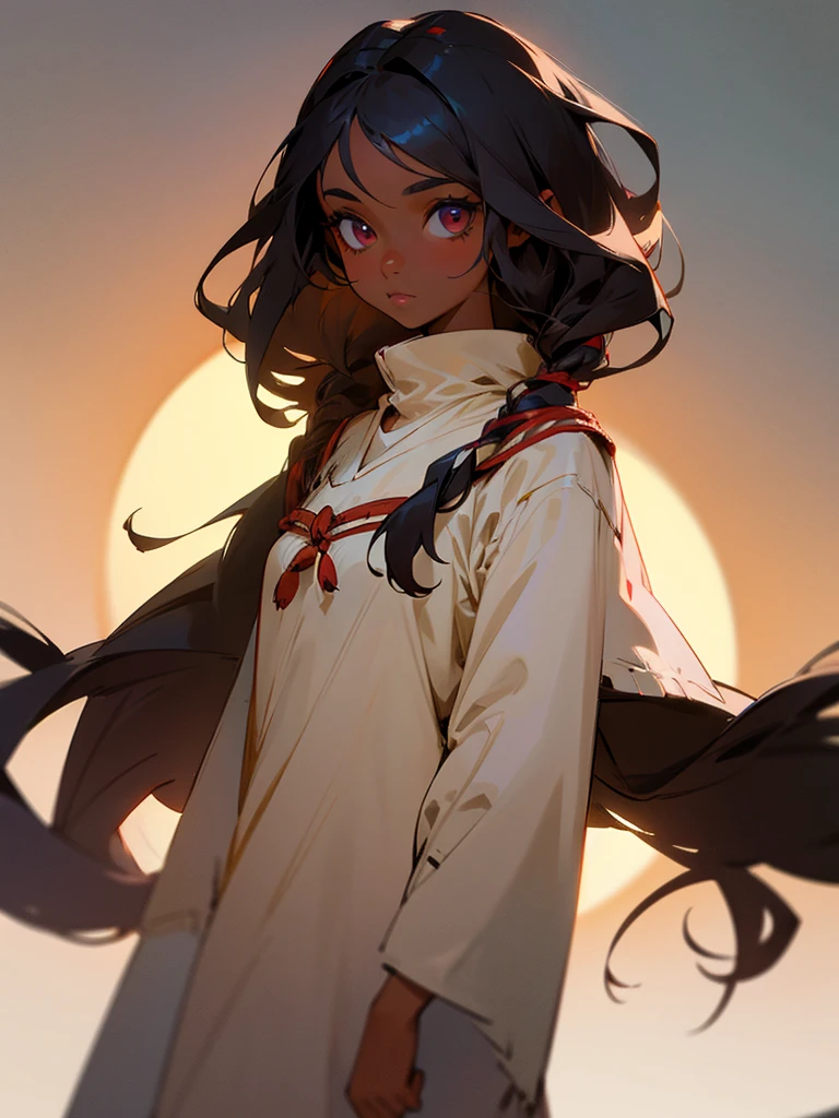 Girl with dark skin, with indigenous features, long dark hair, wearing Emilia's outfit from the anime Re:NULL, medium sized breasts, slightly voluminous butt